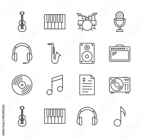 Collection of musical instrument and audio equipment icons in a clean line art style