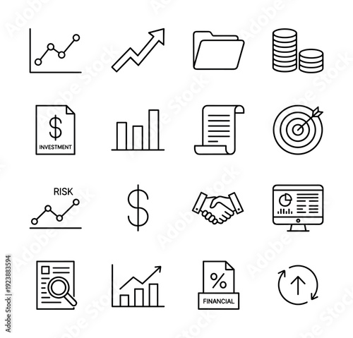 Collection of financial and business icons representing growth, investment, and analysis