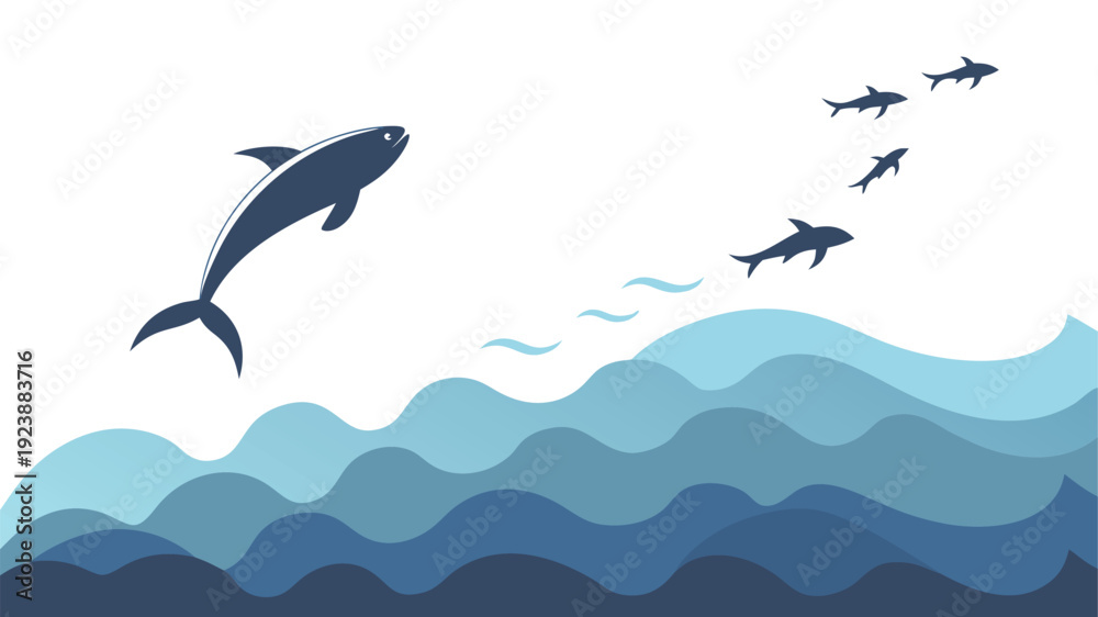 Obraz premium Stylized Ocean Waves with Fish Illustration