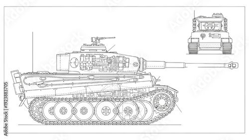 Detailed vehicle autocad blueprint of a tank with tracked propulsion system and turret design shown from side and rear views