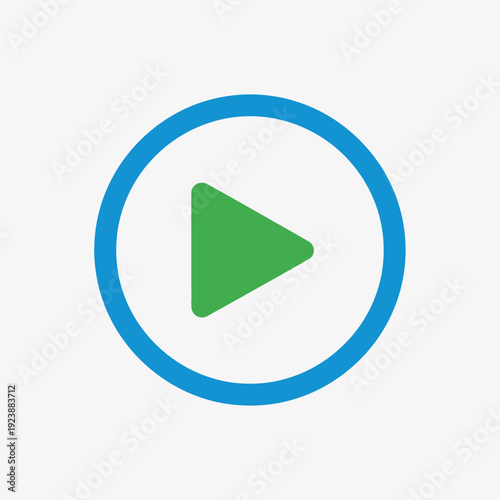 A blue circular icon with a green play button symbol inside viewed from a straightforward perspective