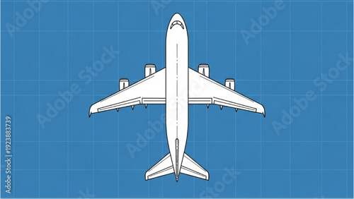 Aerial view of an airplane blueprint design in vehicle autocad format for engineering purposes