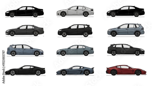 Collection of vehicle autocad blueprint designs featuring various cars in different colors and models