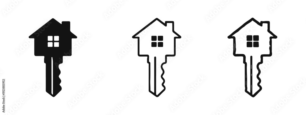 Obraz premium Property Key Icons Set. Real Estate and Home Security Symbols in Solid, Outline, and Hand-Drawn Styles.
