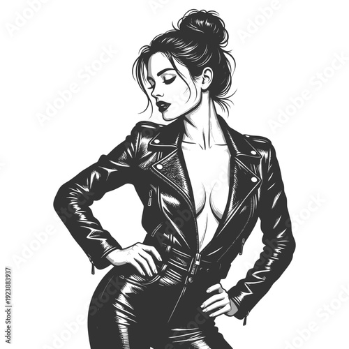 confident woman in leather jacket and corset, hands behind head, edgy pinup fashion style sketch engraving generative ai fictional character vector illustration. Scratch board. Black and white image.