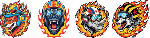 Fiery Animal Heads in Racing Helmets and Goggles