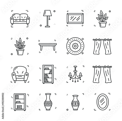 Collection of line art icons representing home furniture and decor elements