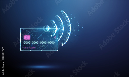 3d neon Wi-Fi icon with bank card. Wireless payment, secure online transactions, contactless payment, fintech innovation, e-commerce security, mobile finance concept.