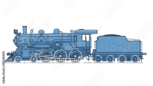 Detailed vehicle autocad blueprint of a steam locomotive train on railway tracks