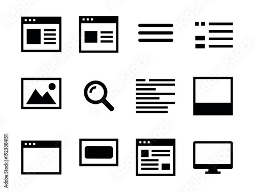 Collection of simple black and white icons representing web design and interface elements