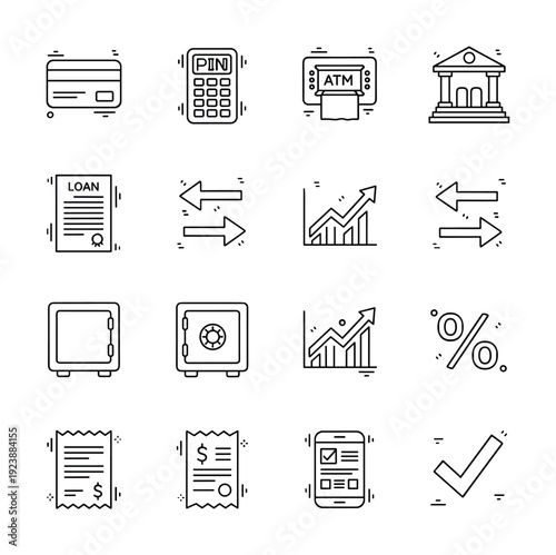 Collection of financial and banking icons representing various services and transactions