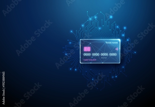 3d blue bank card with microchip circuit lines. Digital payment technology, fintech innovation, secure electronic transaction, contactless payment system concept.