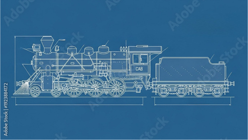 Detailed vehicle autocad blueprint of a classic locomotive train on a technical drawing sheet from a side viewpoint