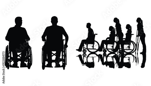 Diverse group of disabled people in wheelchairs silhouette vector