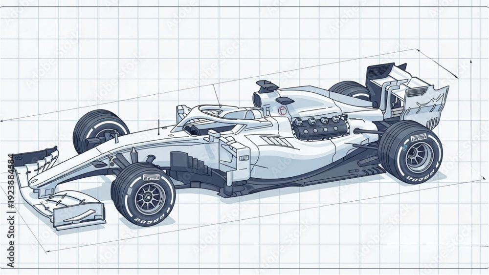 Fototapeta premium Detailed vehicle autocad blueprint of a racing car on graph paper from an isometric viewpoint