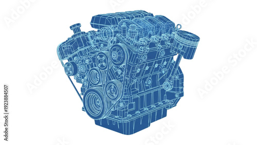 Detailed vehicle autocad blueprint of an engine showcasing complex machinery and mechanical components in a technical illustration