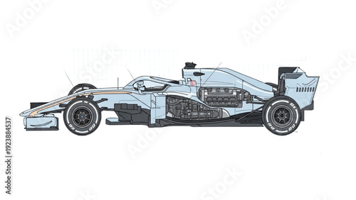 Detailed vehicle autocad blueprint of a racing car in a technical illustration viewed from the side
