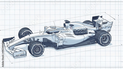 Detailed vehicle autocad blueprint of a racing car on graph paper from an isometric viewpoint