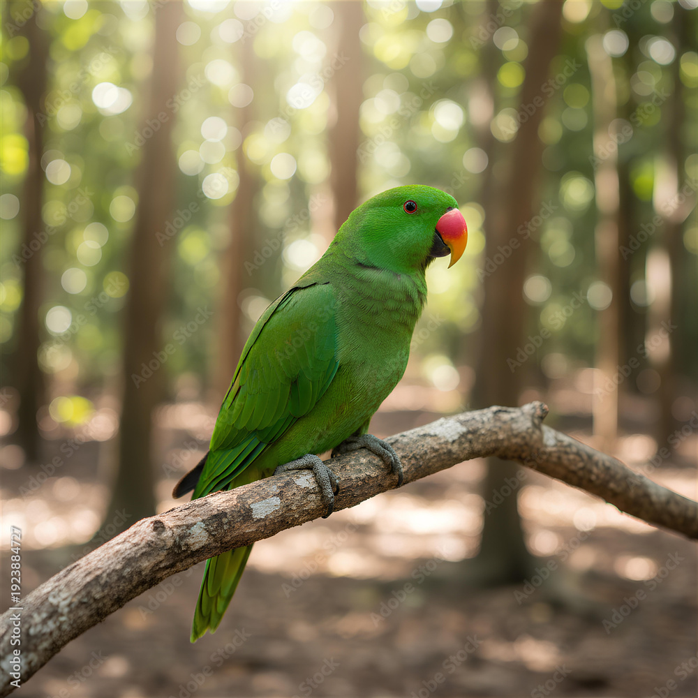 Obraz premium Green Parrot Perched on Branch in Tropical Forest Setting