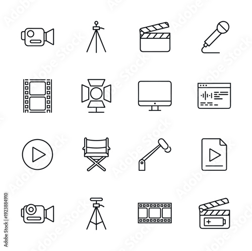 Collection of film and video production icons in a clean, modern line art style