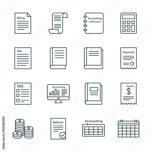 Collection of accounting and finance icons in a clean line art style