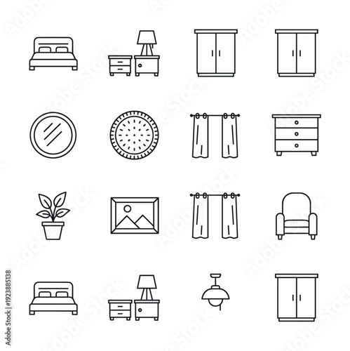 Collection of modern line art icons representing bedroom and living room furniture and decor