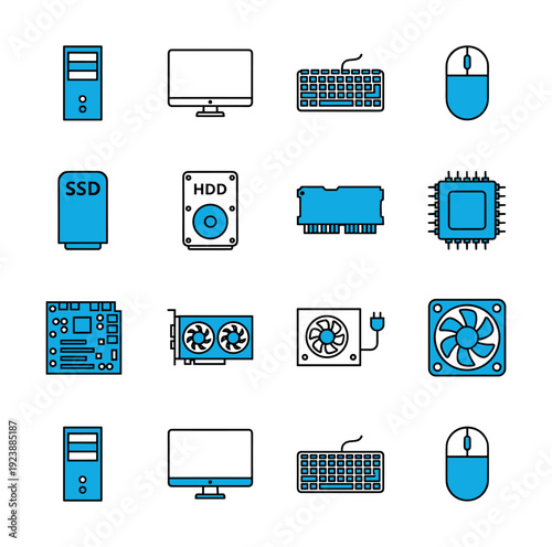 Collection of computer hardware icons in a grid layout, featuring components like CPU, GPU, and RAM