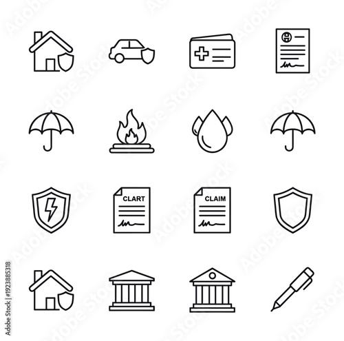 Collection of insurance and protection icons representing various aspects of security and safety