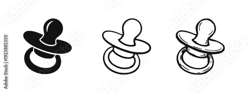 Baby Pacifier Icons Set. Infant Dummy Soother Symbols in Solid, Outline, and Hand-Drawn Styles.