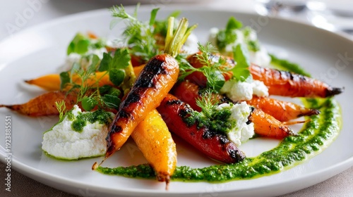 Roasted carrots with cheese and herb sauce on white plate