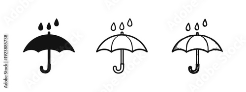 Rain umbrella icon set. Vector illustrations of open umbrellas with falling water drops in monochrome styles.