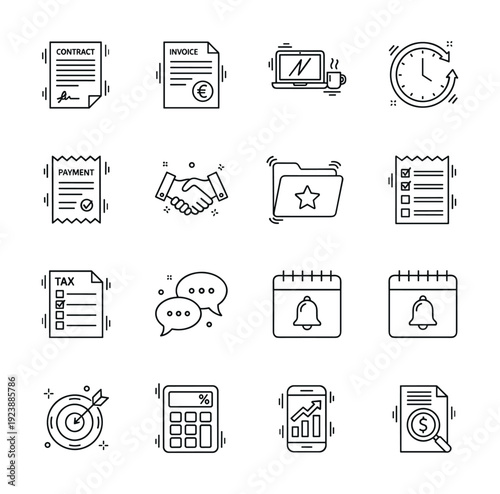 Collection of business and finance icons in a clean, modern line art style