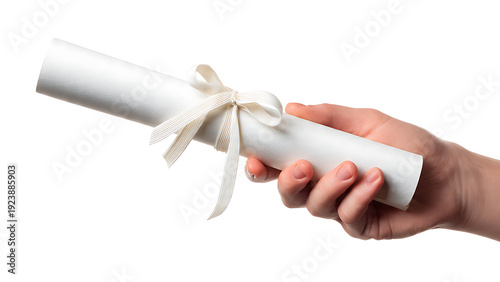 Hand Holding Rolled Diploma With Ribbon White
