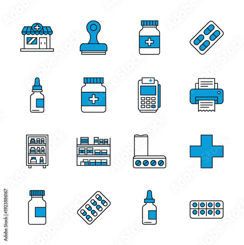 Collection of pharmacy and medical icons in a clean, modern, blue and white design