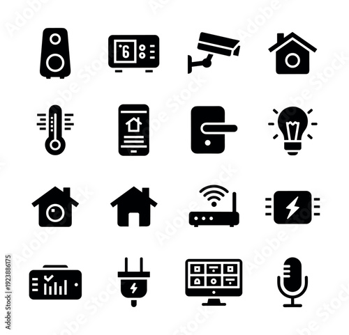 Collection of smart home technology icons representing security, comfort, and connectivity