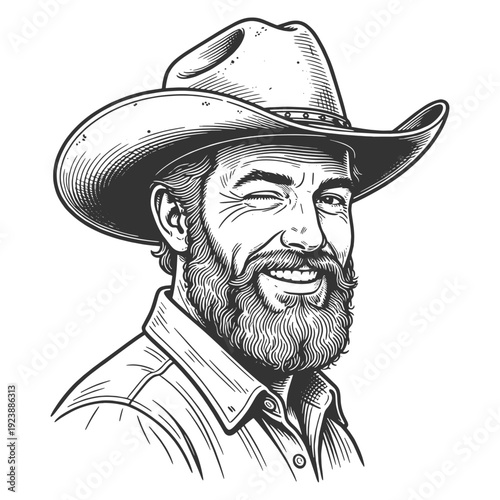cheerful cowboy wearing wide brim hat, winking expression, rustic western character on white sketch engraving generative ai fictional character vector illustration. Scratch board. Black and white.