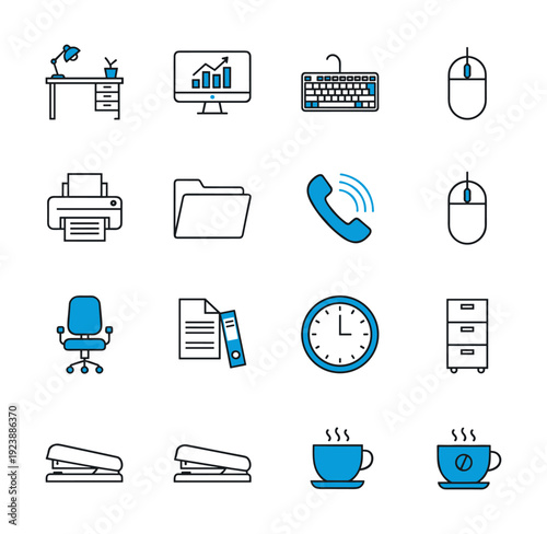 Collection of modern office icons in a clean, flat design style