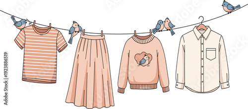 Clean Laundry Hanging on Clothesline with Birds Cartoon Scene Featuring Shirt Skirt Sweater and Towel Flat Vector Illustration Police Stop