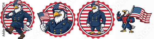 Patriotic Bald Eagle Mascot in Military Uniform with Flag