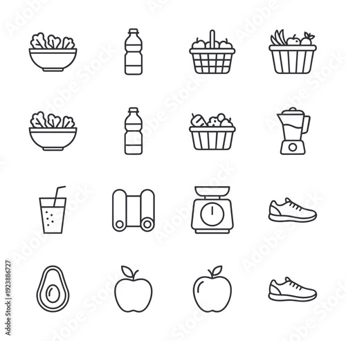 Healthy lifestyle icons including food, drinks, exercise equipment, and weight scale