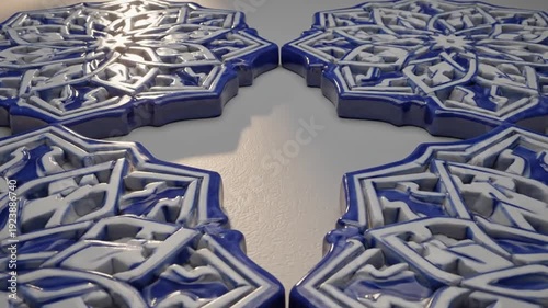 Intricate Geometric Pattern Design Elements Featuring Symmetrical Ornamental Relief in Blue and White Hues, Showcasing Artistic Decorative Tiles or Architectural Panels