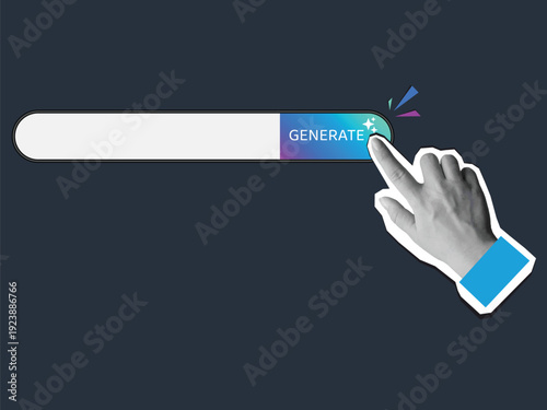 Black and white hand pressing a Generate button. Modern collage style. Vector illustration
