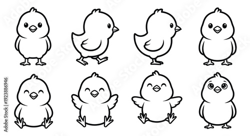Cute Cartoon Baby Chicks Black and White Line Art Set. Adorable Outline Illustrations of Little Farm Animals for Easter, Spring, and Kids' Designs.