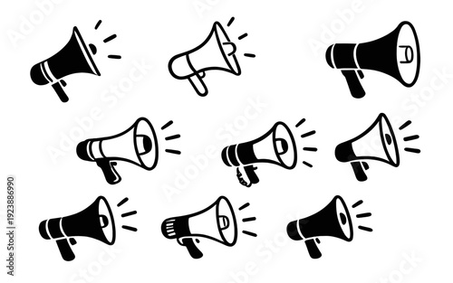 Hand drawn megaphone icons in solid and outline styles with sound rays, black and white. Concept of promotion, marketing, public announcement, branding and activism voice for social media.