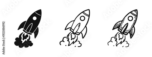Flying Rocket Icon Collection. Startup Innovation, Space Mission, and Business Growth Symbols.