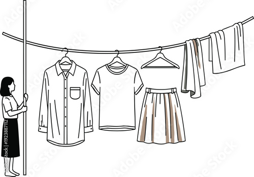 Woman Hanging Laundry on Clothesline Minimal Line Art with Shirt Towel Skirt and Hangers Household Chore Vector Illustration Police Stop