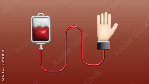 Medical illustration of a blood transfusion procedure with a hand and IV bag on a red background from a clinical viewpoint