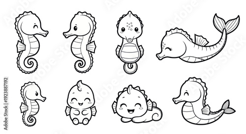 Cute Seahorses  Baby Seahorses Black and White Line Art Cartoon Outline Vector Set. Adorable Marine Life  Aquatic Animal Doodles.