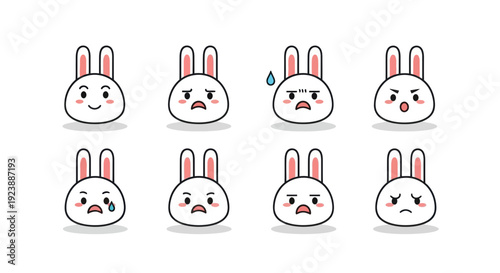 Cute Cartoon Rabbit Emoticon Set. Adorable Bunny Faces with Various Emotional Expressions in Flat Vector Art Style for Communication.