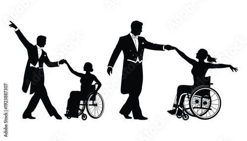 Dancing disabled women and men silhouette vector art